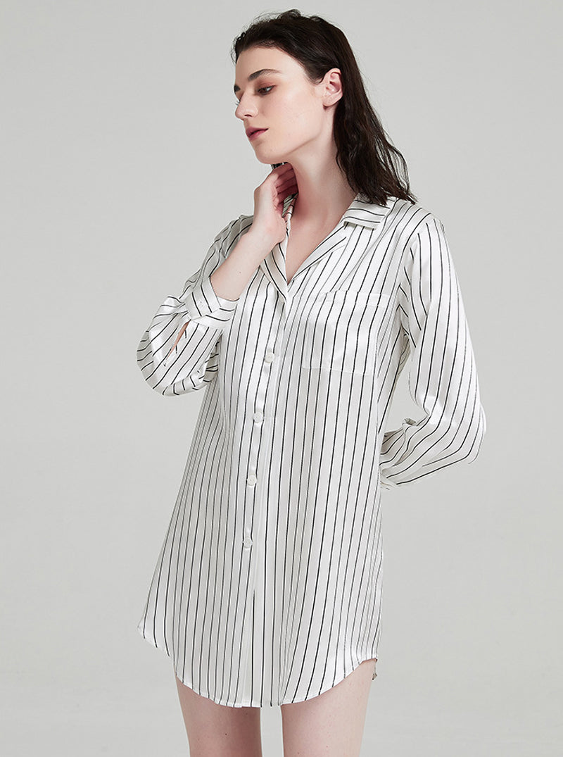 19 Momme Silk Black And White Striped Print Spring Autumn Blouse Collar Breathable Cool And Comfortable Long Sleeve Nightdress