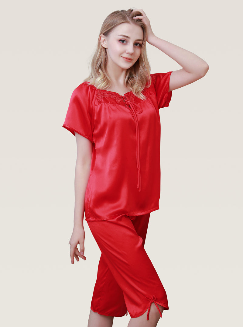 Female Spring And Autumn Silk Round Neck Embroidered Drawstring Comfortable Soft Breathable Short Sleeve Mid-Length Pants