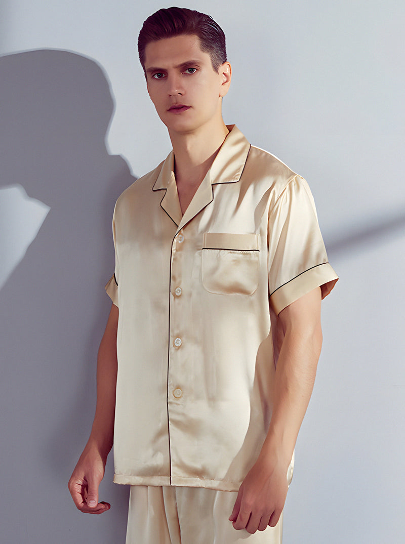 Silk Summer Male Small Lapel Comfortable Fashion Textured Multicolor Short Sleeve Pajamas Two-Piece Set