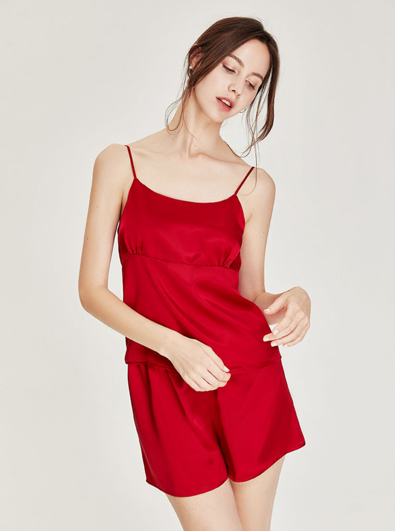 Simplicity Splicing Design Matching Pajamas Pure Color Silk Female Summer Round Collar Camisole Shorts Two-Piece Set