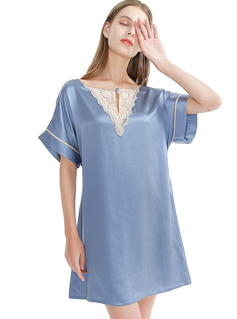 Silk Summer Lace Hollow V-Neck Female Simple And Elegant Belted Solid Color Short Sleeve Nightdress