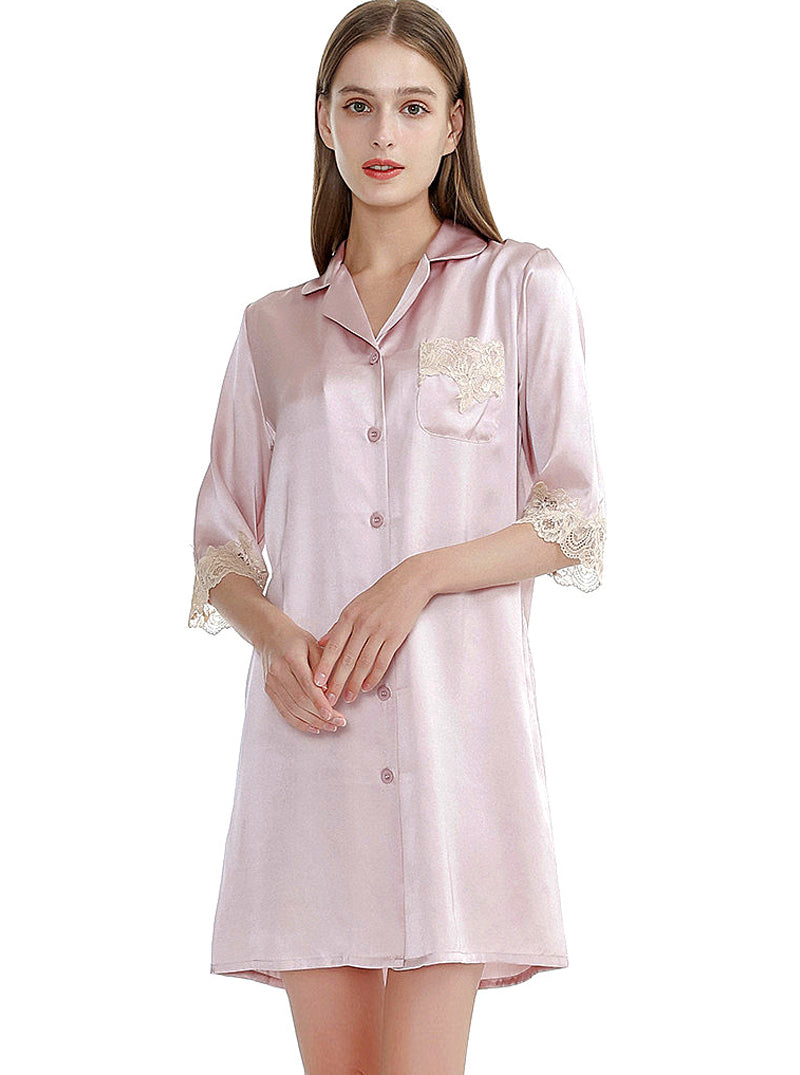 Summer Silk Female Small Lapel Noble Luxury Loose Mature Solid Color Mid-Sleeve Lace Nightdress