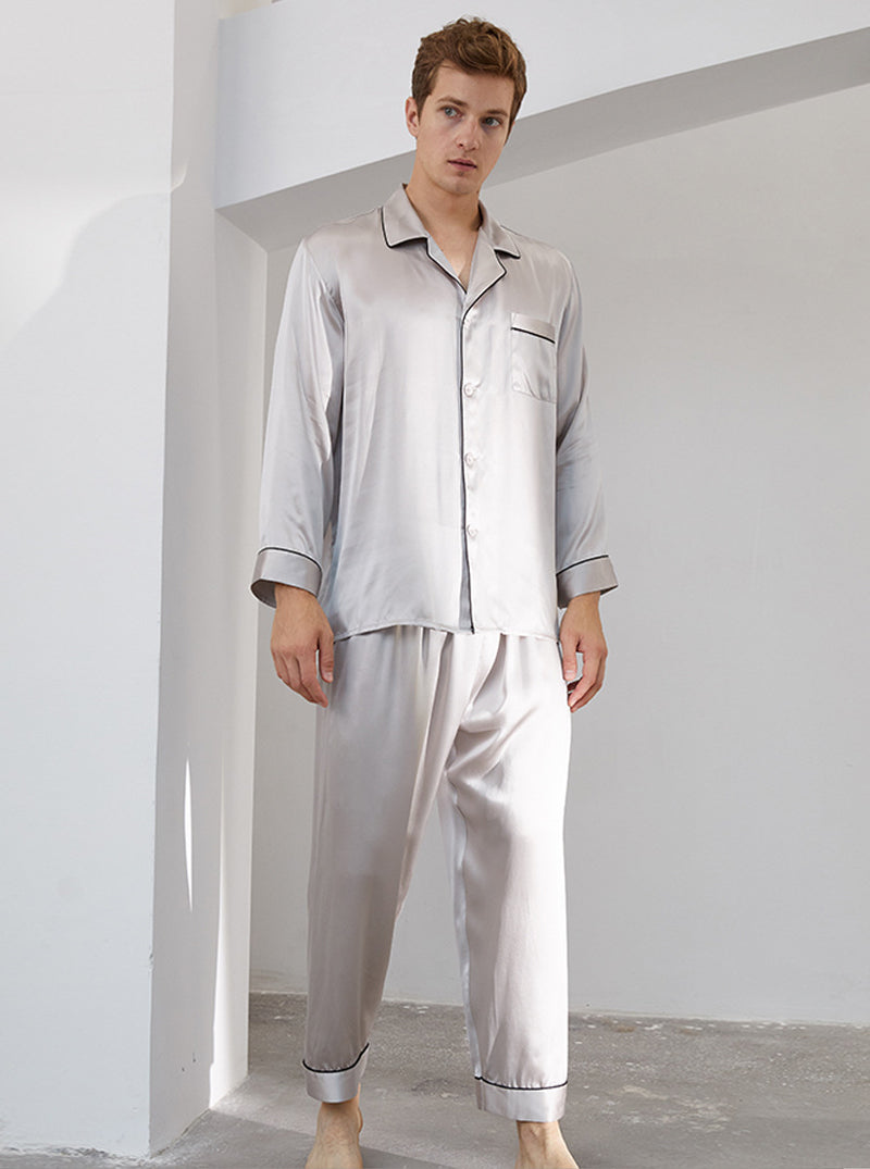 Spring And Summer 16 Momme Silk Male Small Lapel Solid Color Edge Contrast Color Line Simple Long-Sleeved Trousers Two-Piece Pajamas