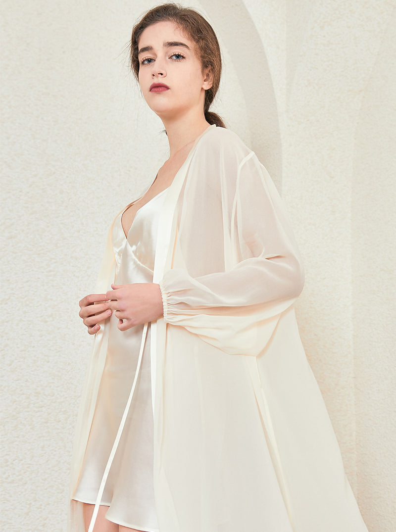 Female Silk Summer Lightweight Sexy Charming Goose Soft Yellow Long Sleeve Cardigan Night-Robe
