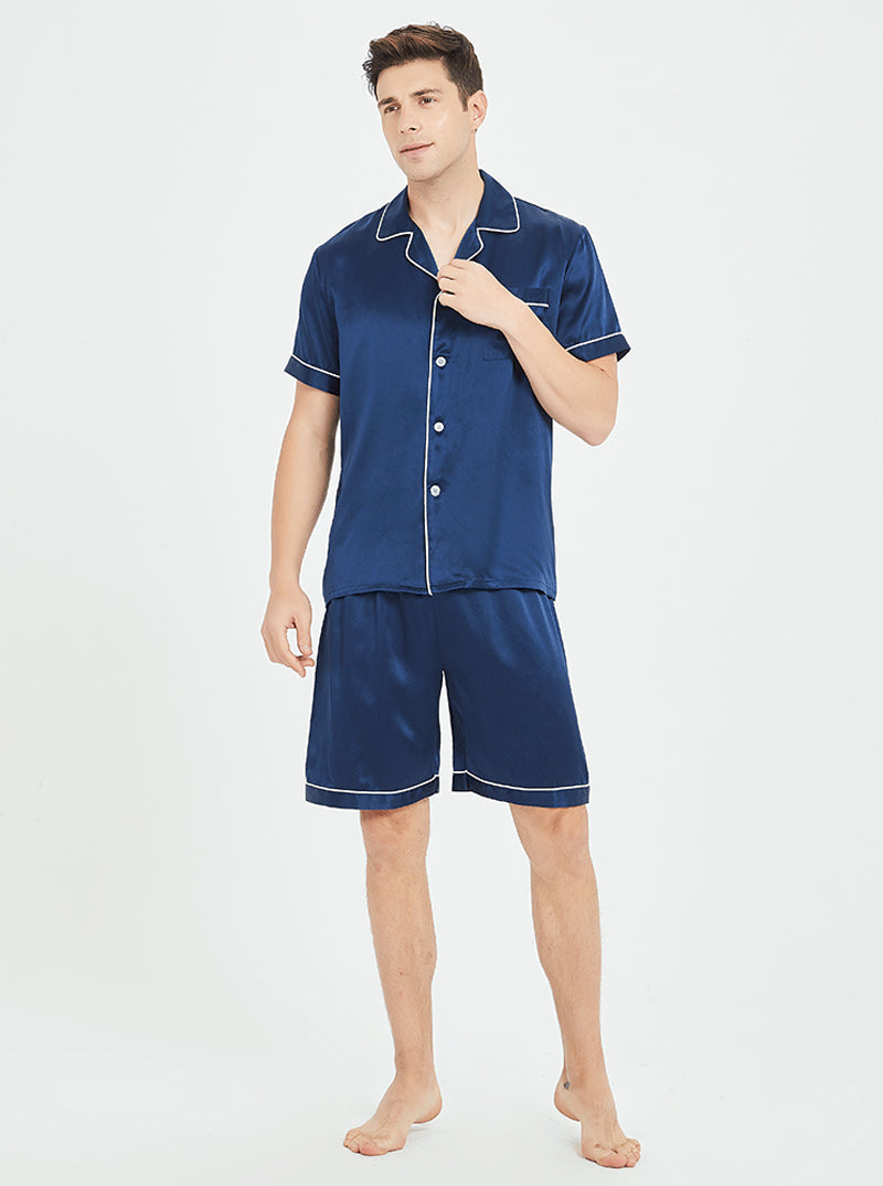 19 Momme Silk Summer Male Suit Collar Cool And Comfortable Casual Basic Solid Color Short-Sleeved Shorts Pajamas Two-Piece Set