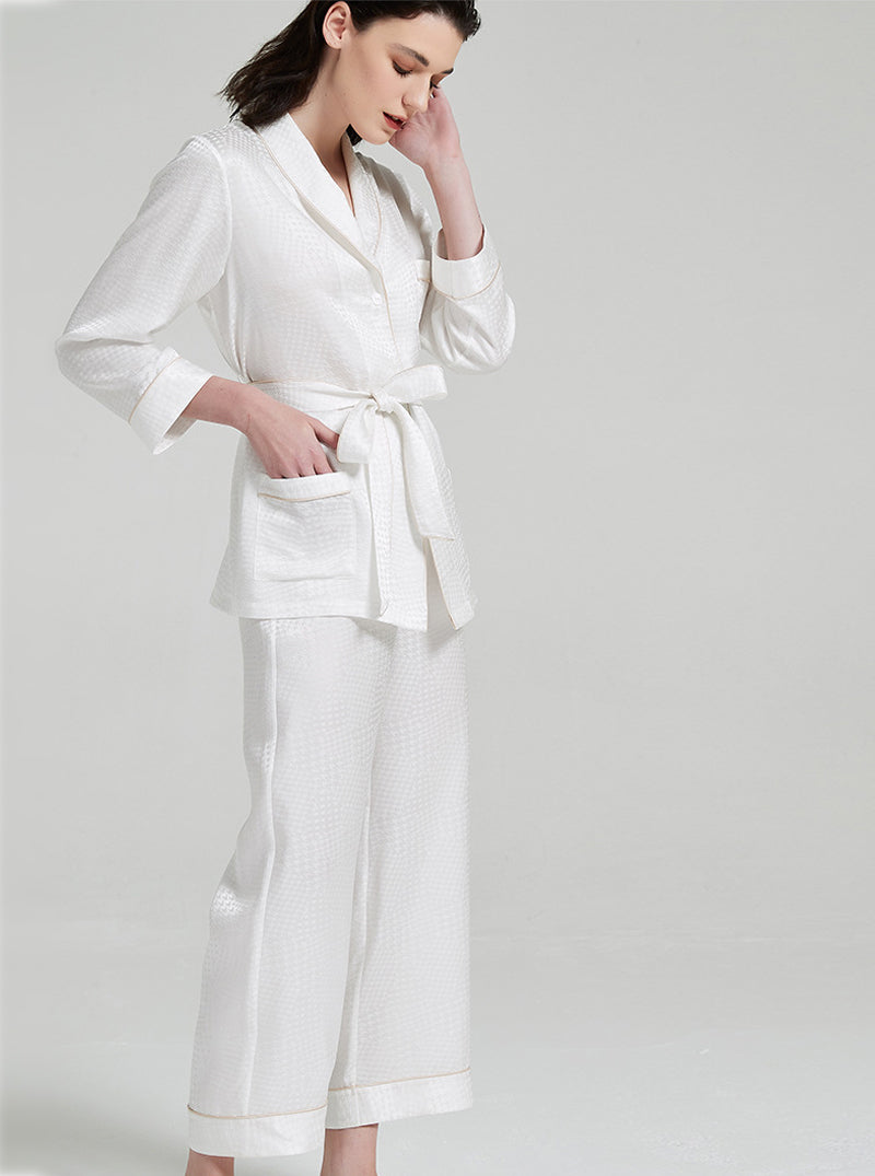 Houndstooth Jacquard 19 Momme Silk Spring And Autumn Female Lapel Elegant And Dignified Solid Color Pajamas Long-Sleeved Trousers Two-Piece Set