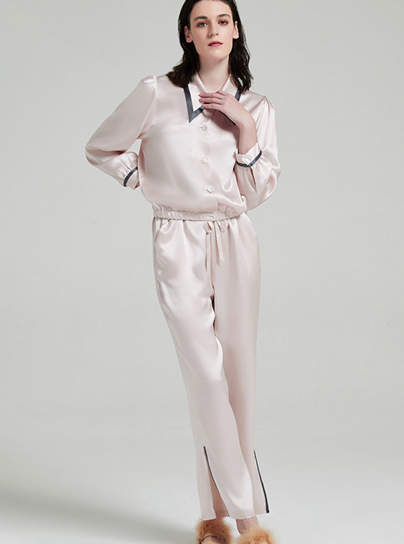 19 Momme Silk Female Spring Retro Pointed Collar High-Quality Temperament Leg Split Contrast Color Long-Sleeved Trousers Pajamas Two-Piece Set