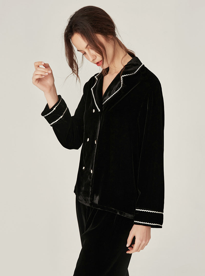 Autumn Winter Black Velvet Matching Pajamas Female Silk Double Breasted Can Be Worn Outdoors Lapel Long Sleeve Two-Piece Set