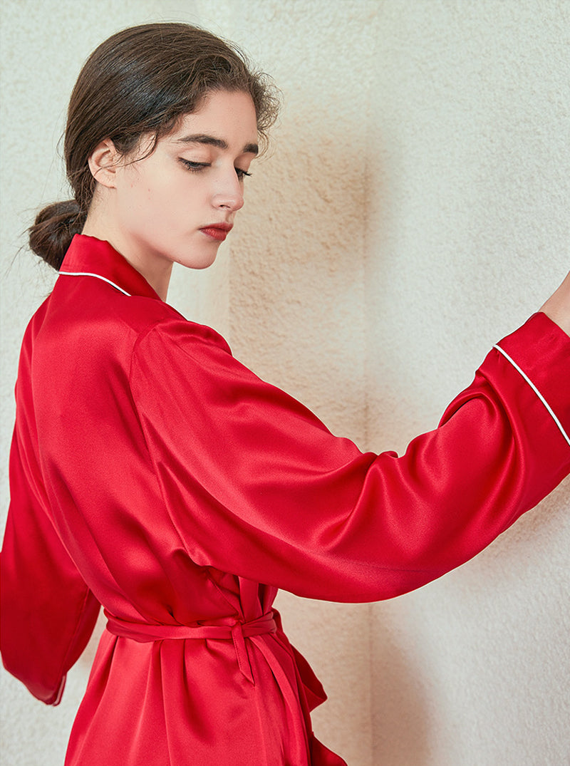 Solid Color 19 Momme Silk Spring And Autumn Female Small Lapel Slim Casual Intellectual Belt Long-Sleeved Nightgown