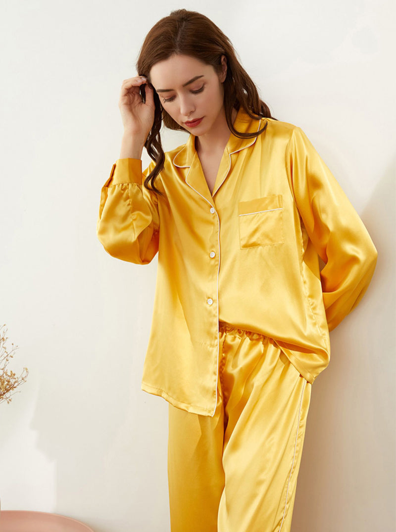 19 Momme Silk Autumn Ladies Small Lapel Beautiful Lively Colors Bright Long Sleeve Pajamas Two Piece Set