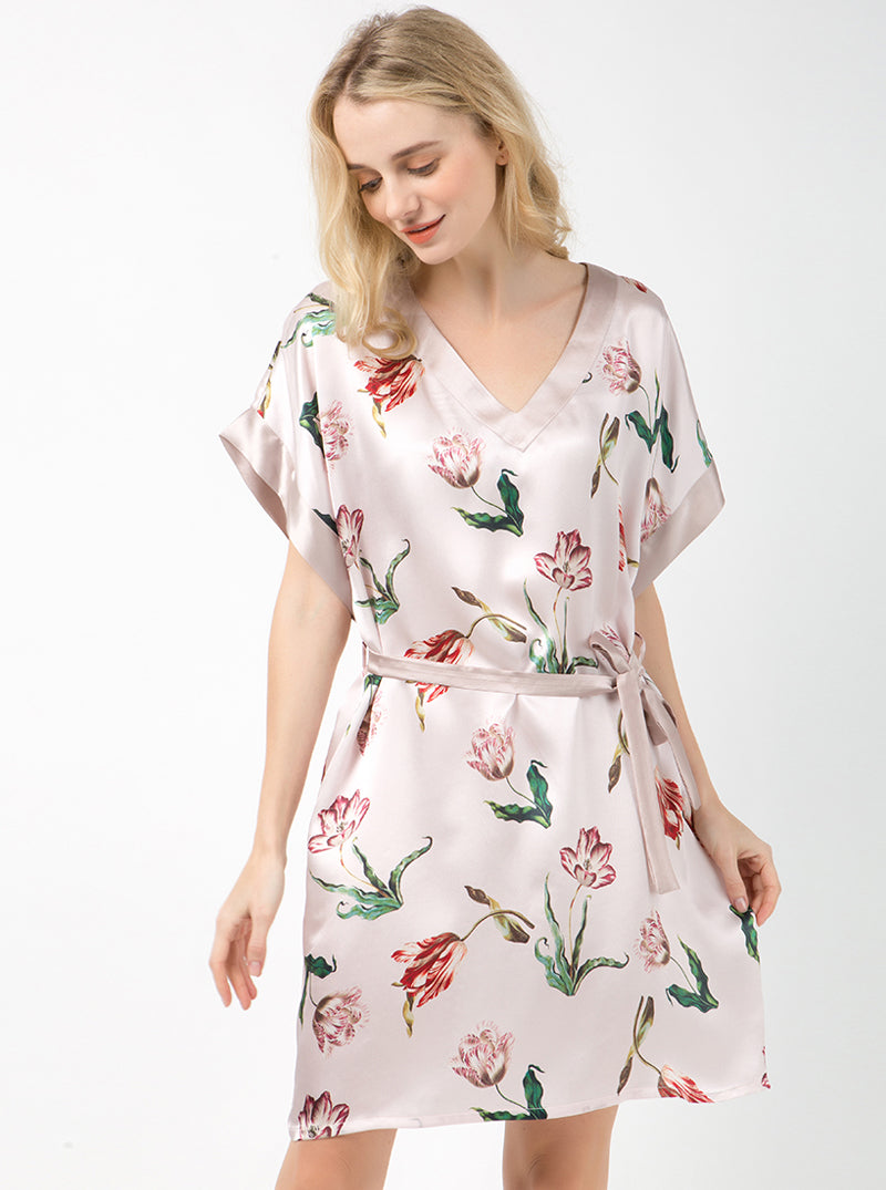 Printed Summer Ladies Silk V-Neck Elegant Luxurious Noble Simple Short Sleeve Belt Nightdress