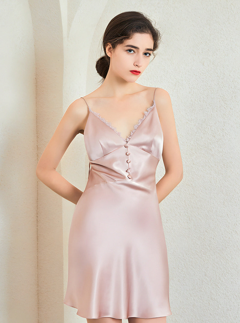 Solid Color Summer 19 Momme Female V Neck Retro Sexy Waist Waist Big Open Back Suspender Nightdress