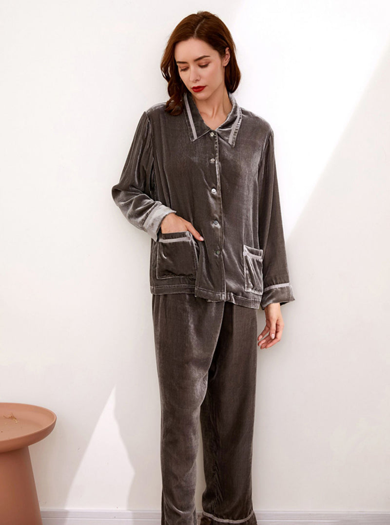 Silk Multi-Color Spring And Autumn Ladies Large Lapel Loose Intellectual Retro Light Luxury Temperament Long-Sleeved Pajamas Two-Piece Set