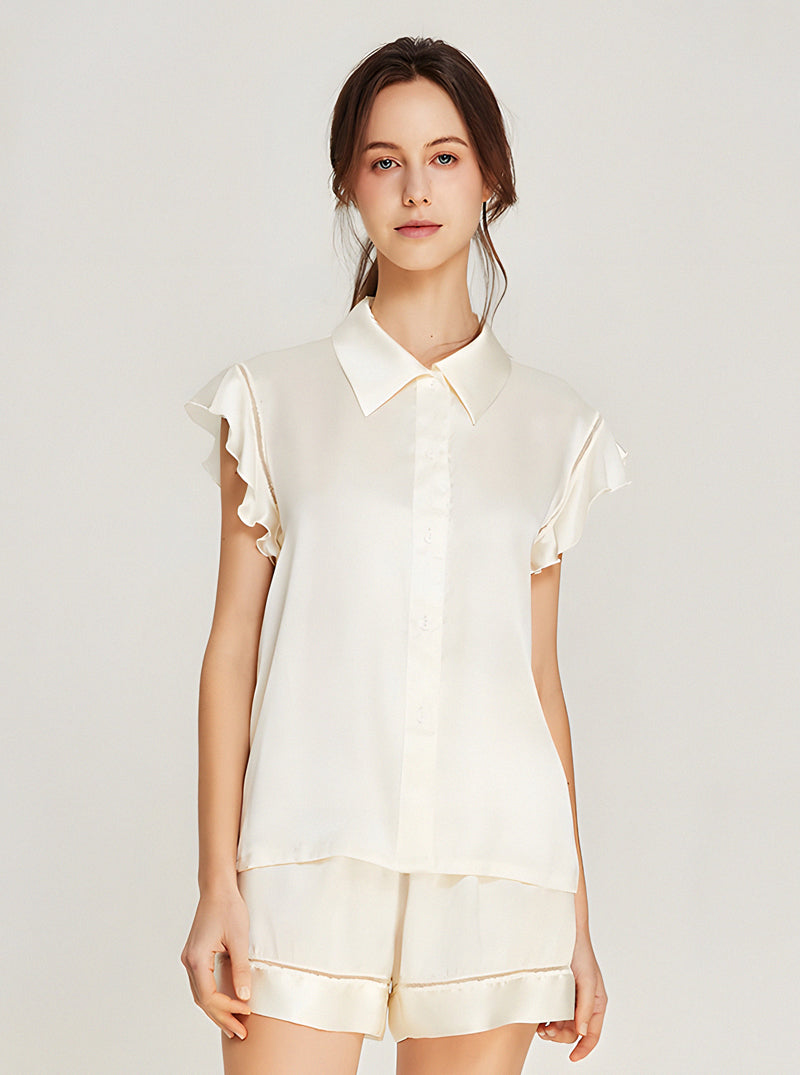 Silk Matching Pajamas Female Summer Simplicity Shirt Collar Lapel Lace Hollow Splicing Ruffle Small Flying Sleeve Top Shorts Two-Piece Set