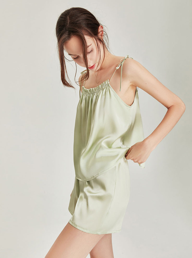 Summer Female Cute Candy Color Silk Matching Pajamas Ruffle Edge Collar Camisole Shorts Two-Piece Set