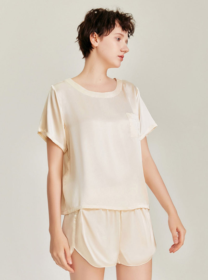Silk Matching Pajamas Summer Small Pocket Decoration Round Collar Short Sleeve T-shirt Shorts Comfortable Two-Piece Set Female
