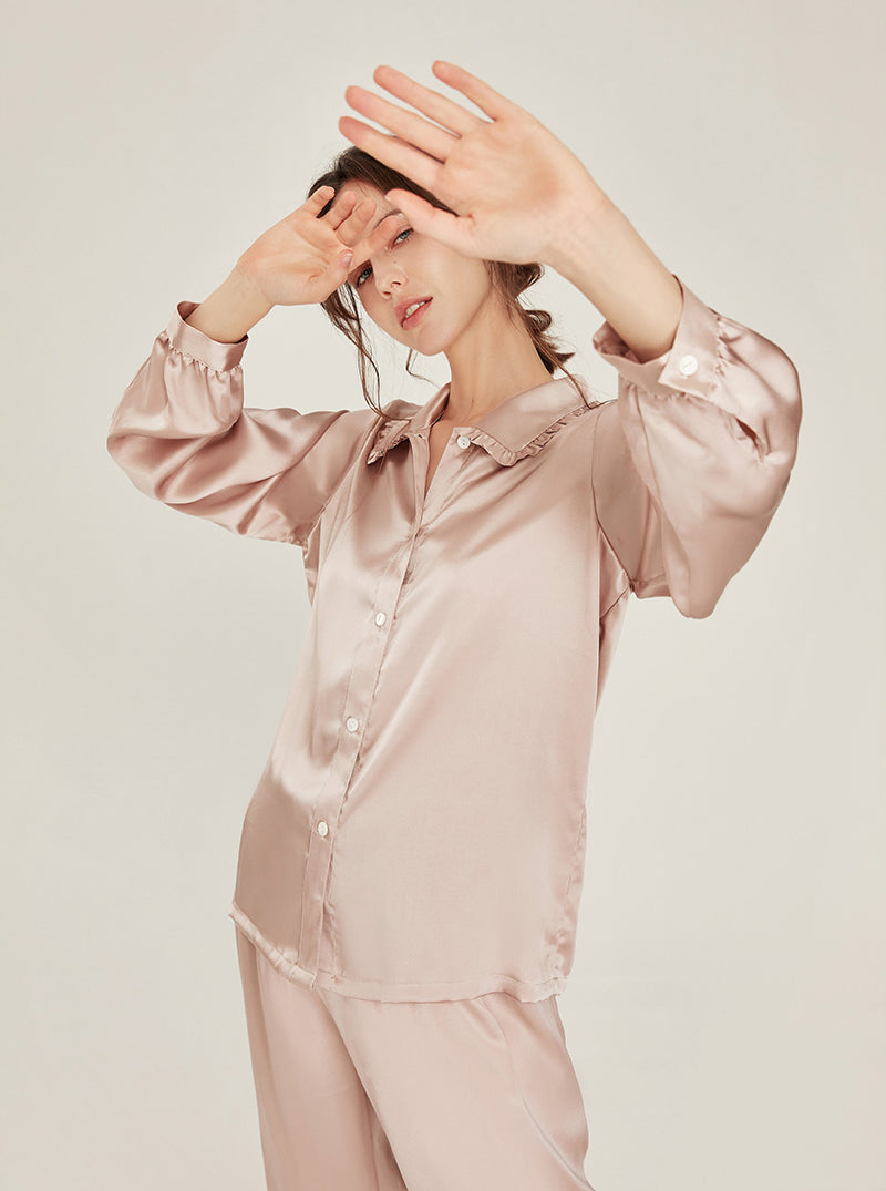 Silk Matching Pajamas Autumn Female Cute Ruffle Doll Collar Simplicity Pure Color Long Sleeve Two-Piece Set