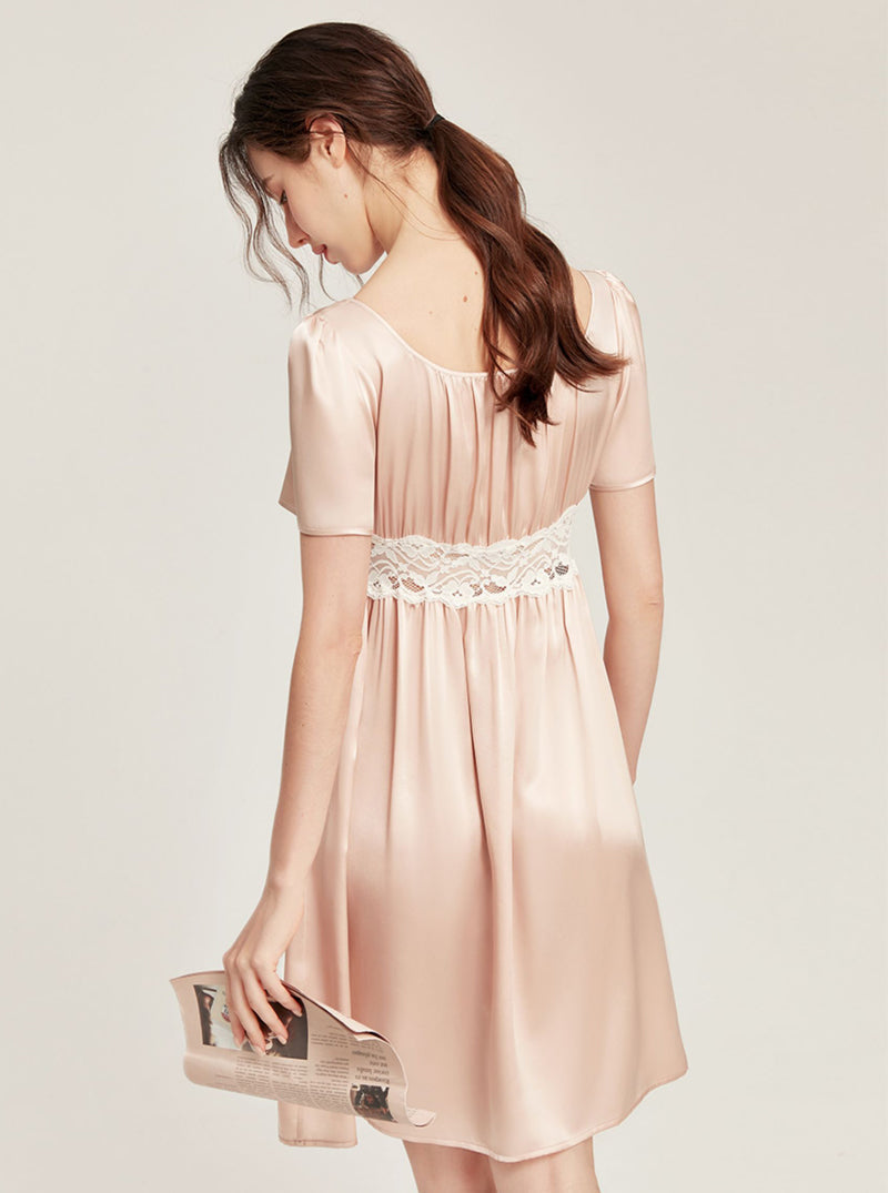 Summer Silk Court Style Boat Collar Waist Hollow Lace Loose Hem Short Sleeve Nightdress Female