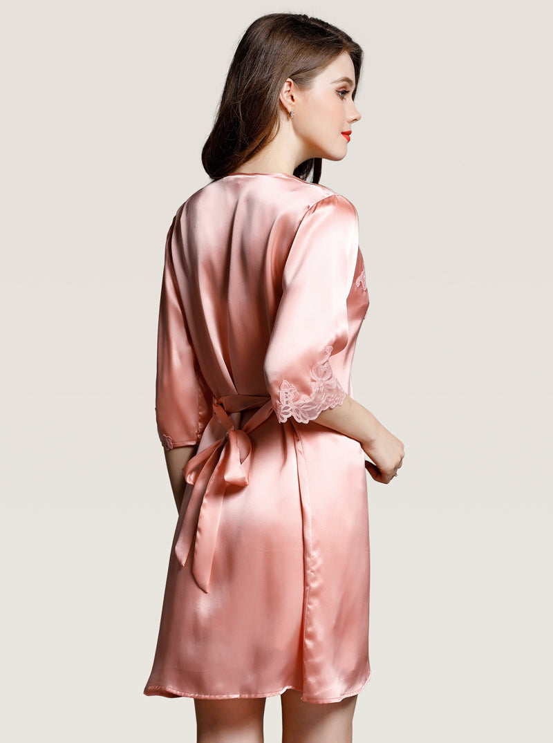Silk Female Spring And Summer V-Neck Comfortable And Sexy Lace Lace Solid Color Mid-Sleeve Nightdress Suspender Night-Robe Two-Piece Set