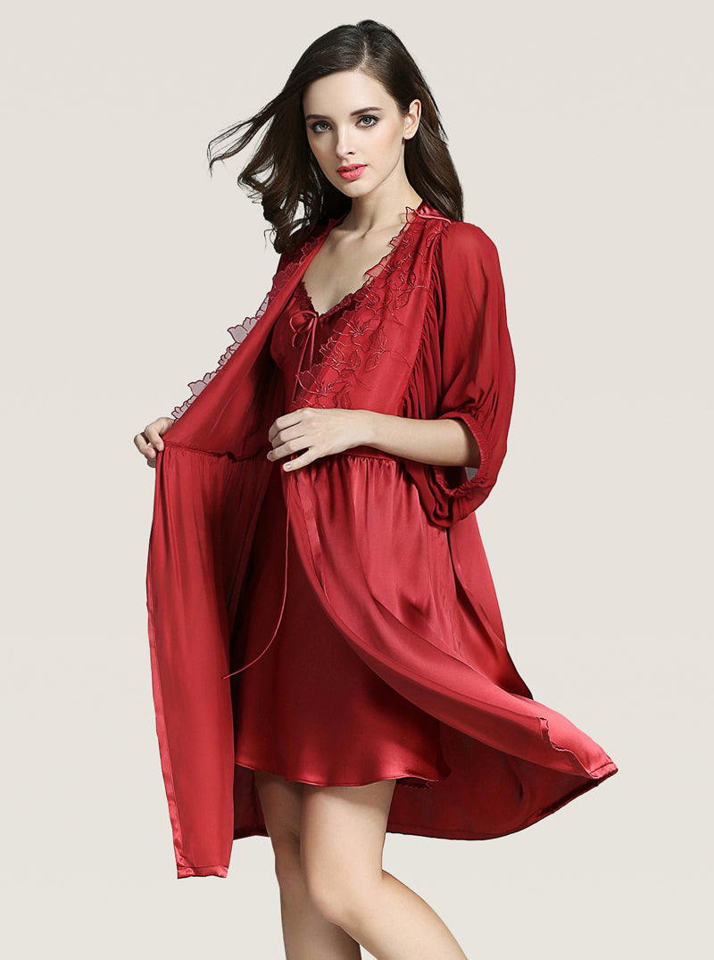 Lace Silk Female Summer Sexy Graceful Slim Solid Color V-Neck Sling Pajamas Long Sleeve Robe