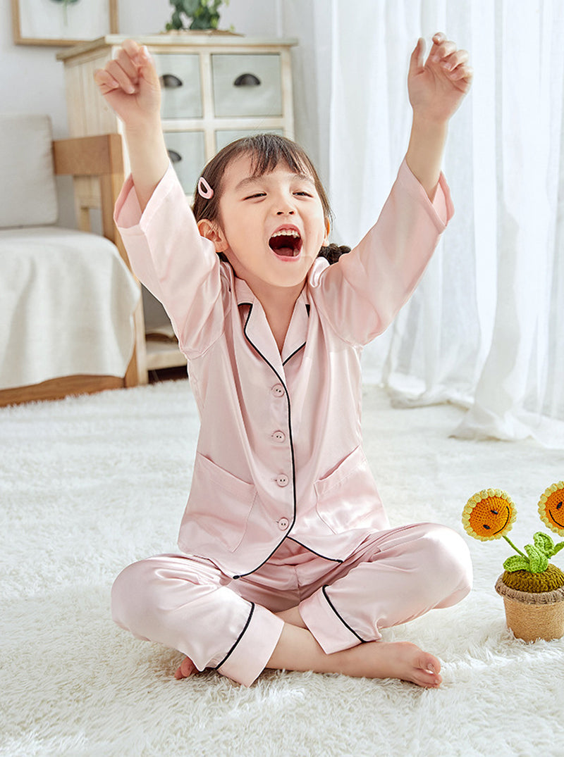 Girls Spring Silk Small Lapel Cute And Comfortable Long-Sleeved Trousers Children's Pajamas Two-Piece Set