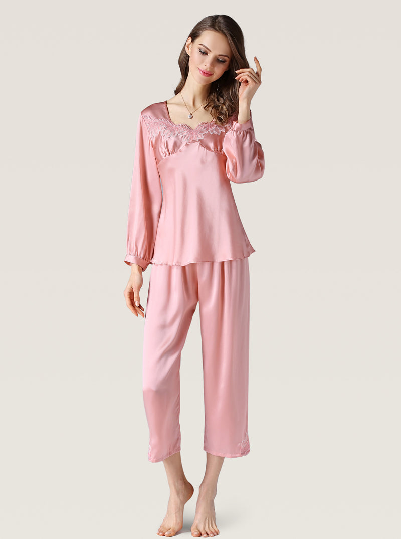 Spring Silk Female V-Neck Front Lace Elegant And Noble Solid Color Long-Sleeved Trousers Two-Piece Pajamas