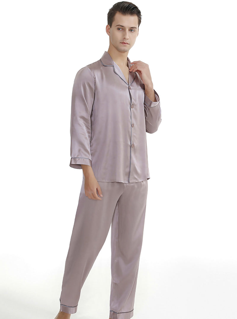 Silk Summer Couple Pajamas Sets Small Lapel Noble Luxury Pure Color Long-Sleeved Trousers Home Service Two-Piece Set
