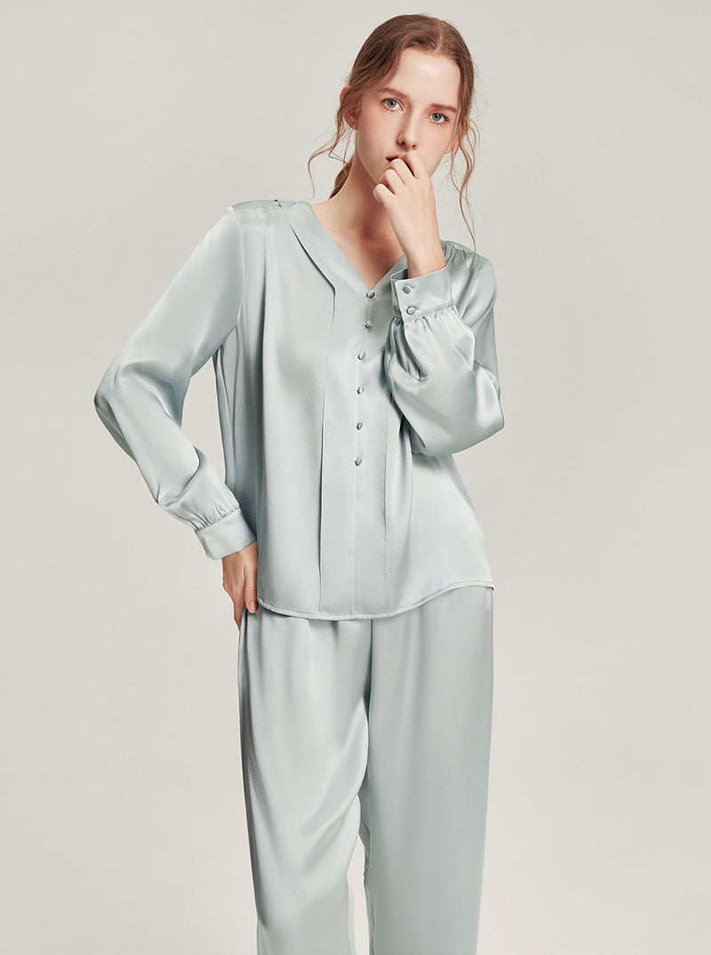 Simple V-Neck Silk Hideyoshi Female High-End Comfortable Solid Color Long-Sleeved Trousers Pajamas Two-Piece Set