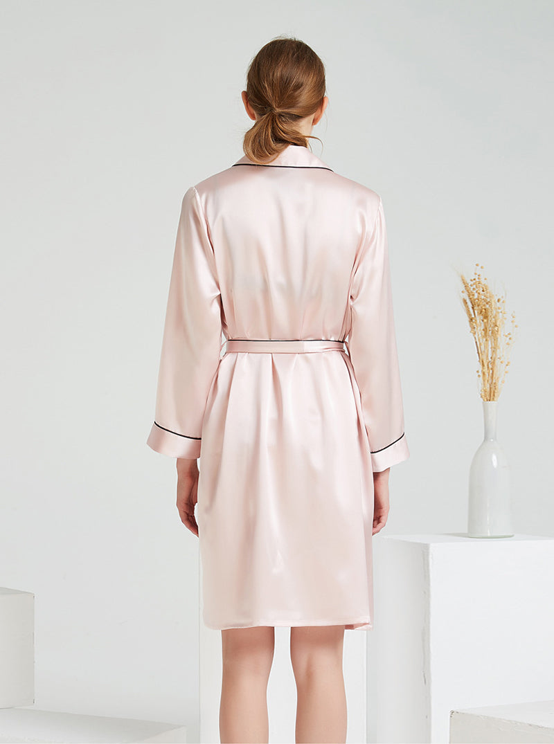 Female 19 Momme Spring Long Sleeve Suit Collar Elegant Classic Simple Generous Belt Pink Skin Tone Robe
