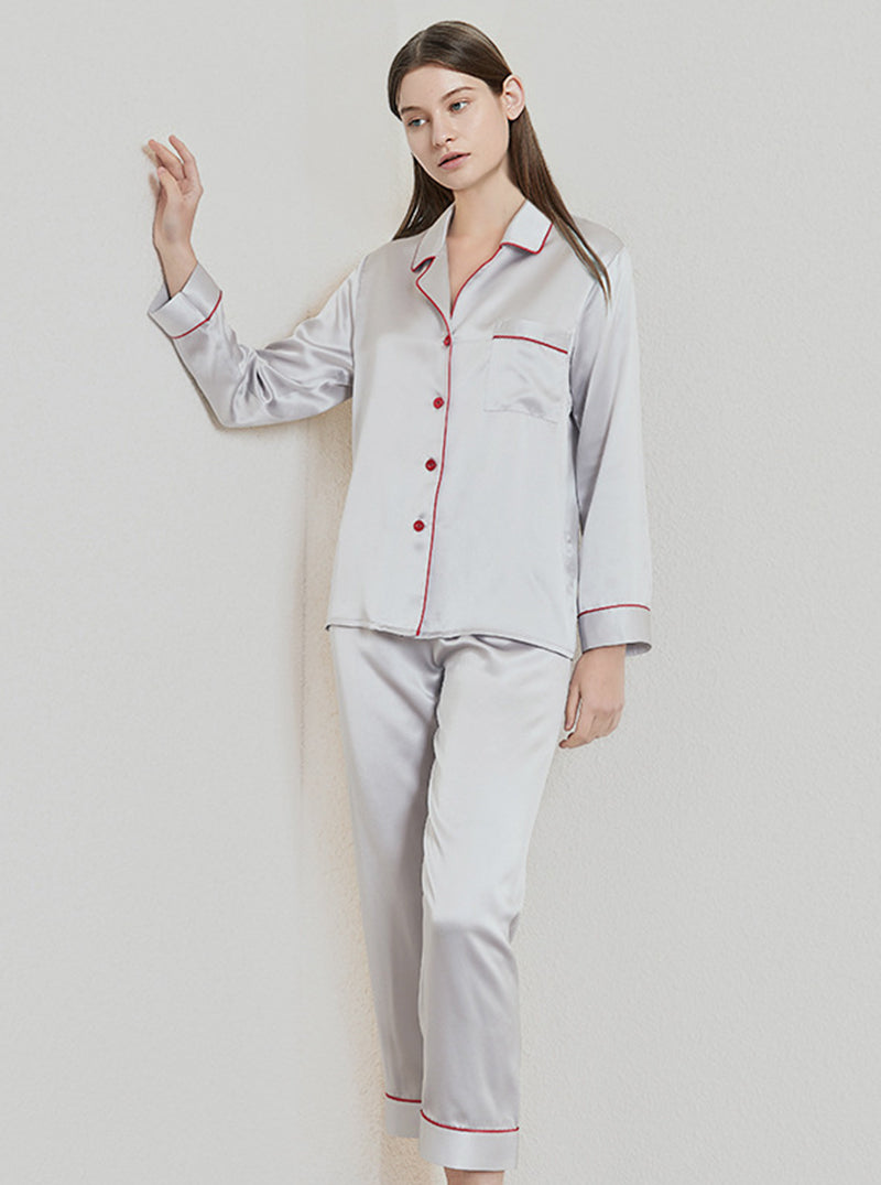19 Momme Silk Spring And Autumn Female Suit Collar Simple Intellectual Elegant Long-Sleeved Trousers Multi-Color Pajamas Two-Piece Set