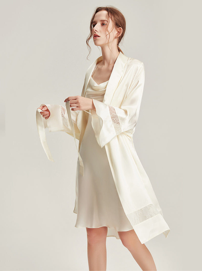 Silk Female Autumn Swing Collar Elegant Romantic Simple Soft Stitching Perspective Lace Suspender Nightdress Long-Sleeved Nightgown