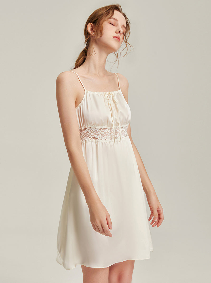 19 Momme Summer Female One-Word Collar Hollow Lace Palace Style Retro Fresh Sweet Elegant Sexy High Waist Neck Drawstring Beige Sling Nightdress
