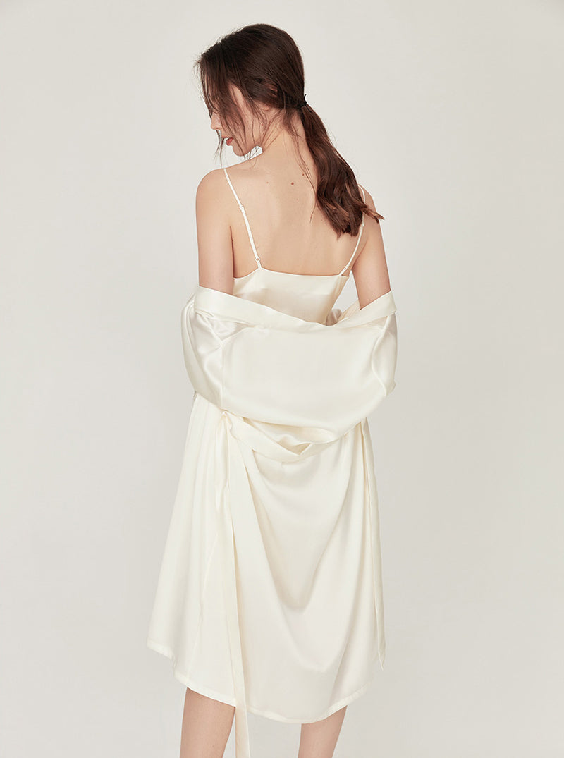 Summer Silk Matching Pajamas Elegant V Collar Fold Design Stitching Lace Edge Medium Length Nightdress And Night-Robe Set