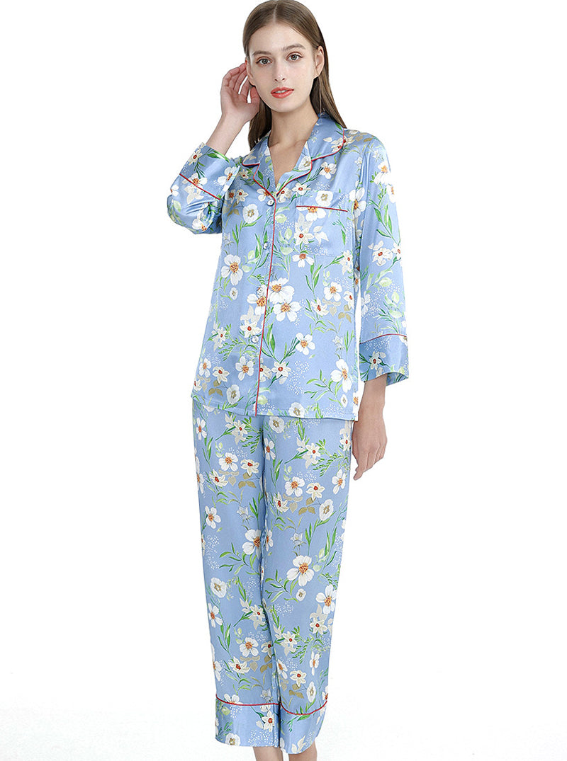 Silk Summer Female Small Lapel Print Elegant And Dignified Charming Multi-Color Long-Sleeved Pajamas Two-Piece Set