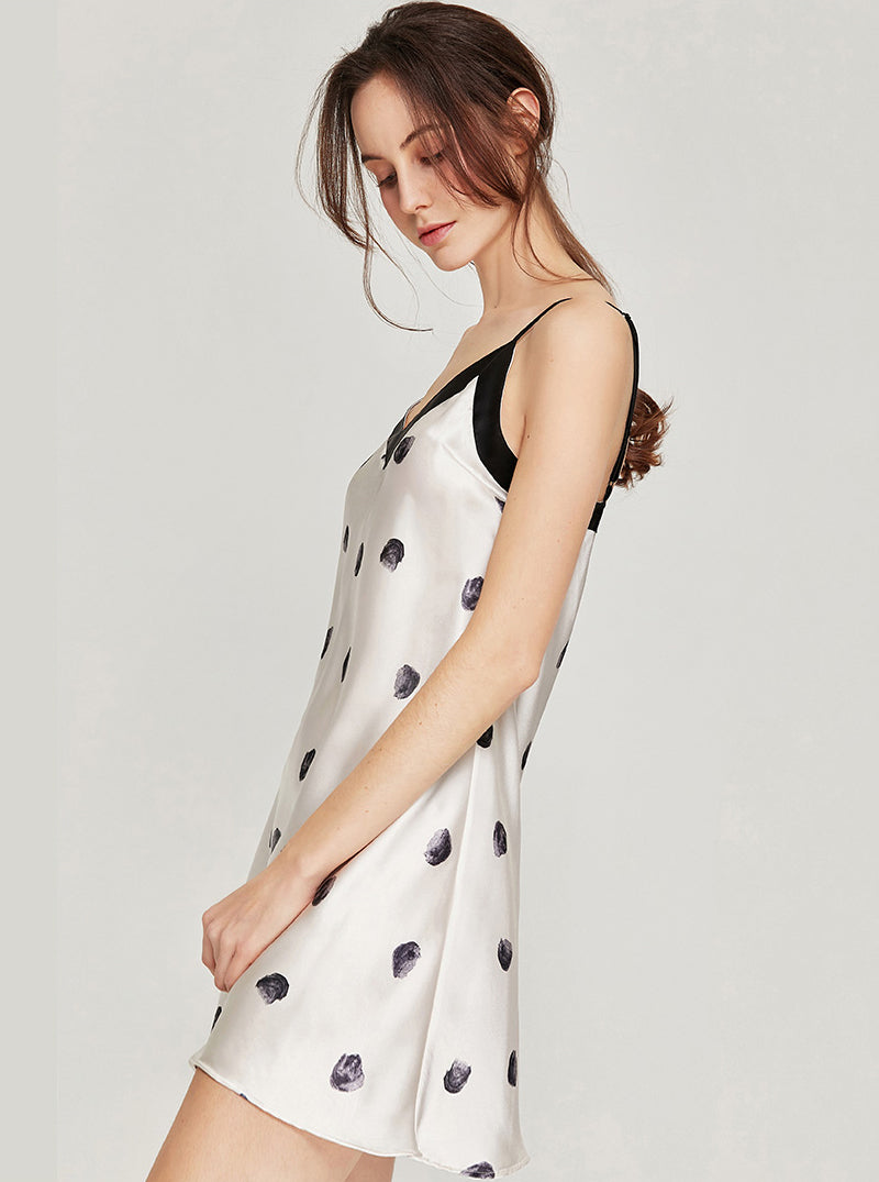 Silk Female Summer V Collar Cute Black Printing Polka Dots Milk White Slim Sling Nightdress