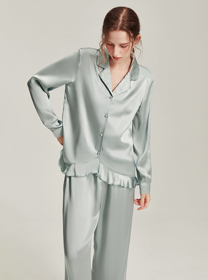 Solid Light Color Female Silk Autumn Shirt Collar Comfortable Breathable Ruffles Simple Basic Long Sleeve Pants Two Piece Pajamas