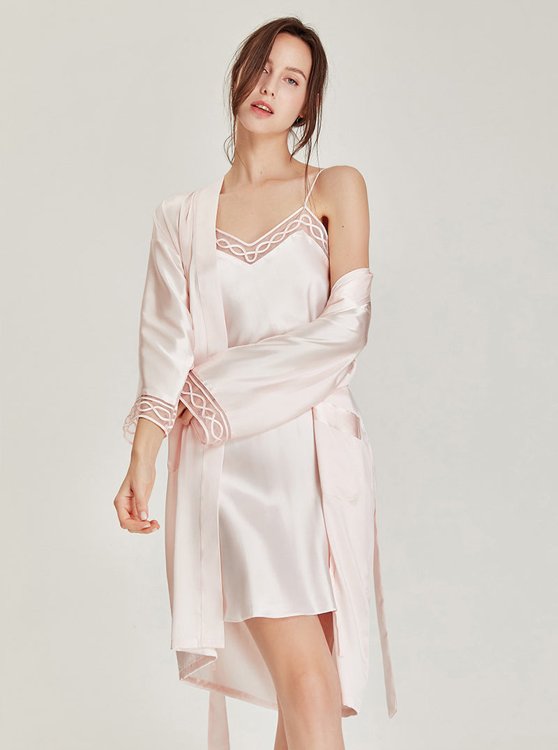 Solid Color Silk Autumn And Winter Female Lace V-Neck Sexy Luxury Soft Long-Sleeved Nightgown Suspenders Nightdress Two-Piece Set