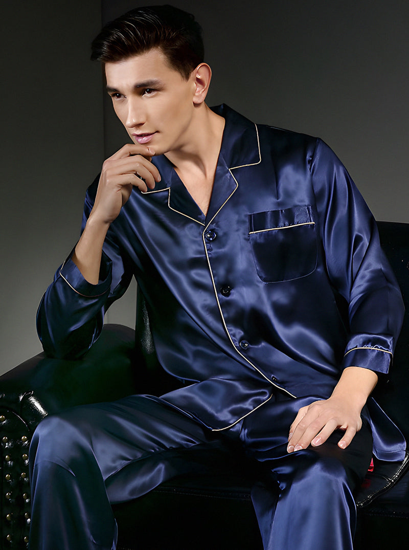 19 Momme Silk Spring And Autumn Male Contrast Color Small Lapel Simple And Capable Fashion Long-Sleeved Pajamas Two-Piece Set