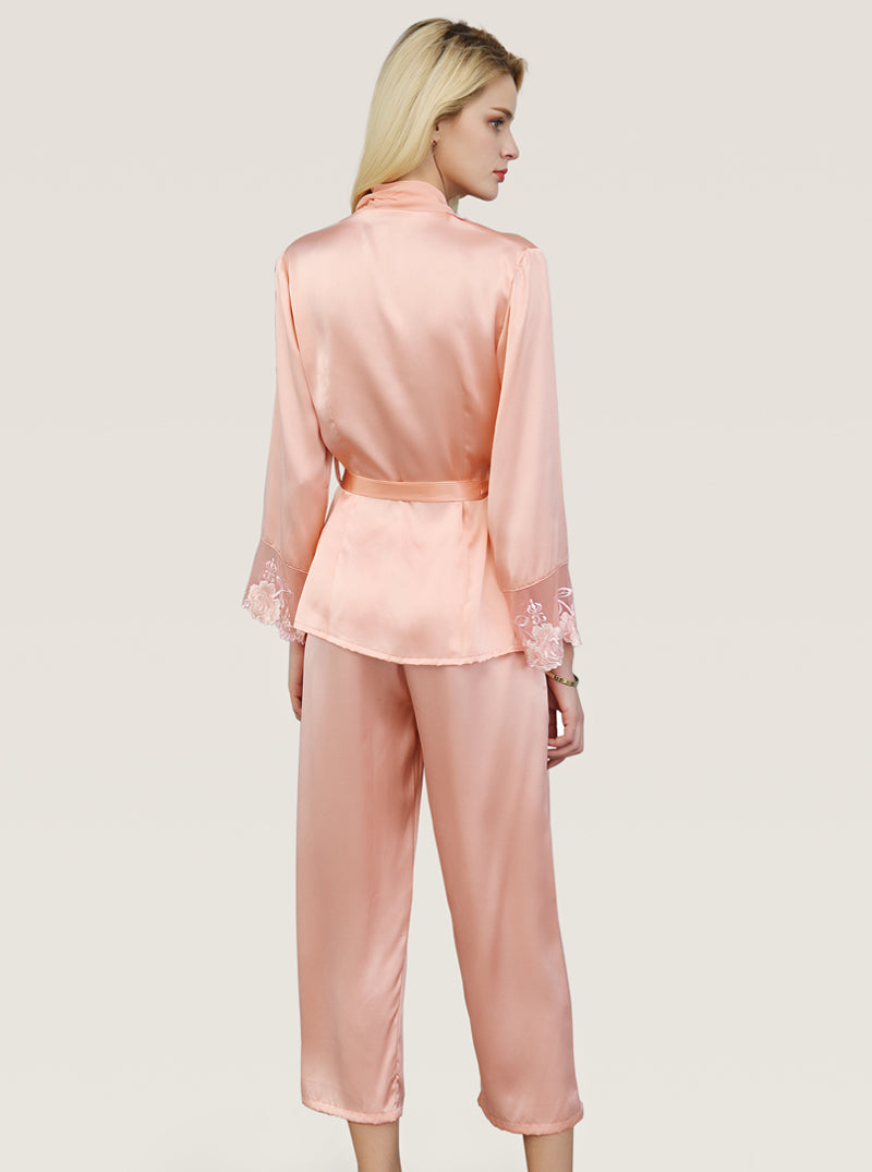 Embroidered Stitching Silk Spring And Autumn Female Solid Color Senior Gorgeous Short Nightgown Trousers Pajamas Two-Piece Set