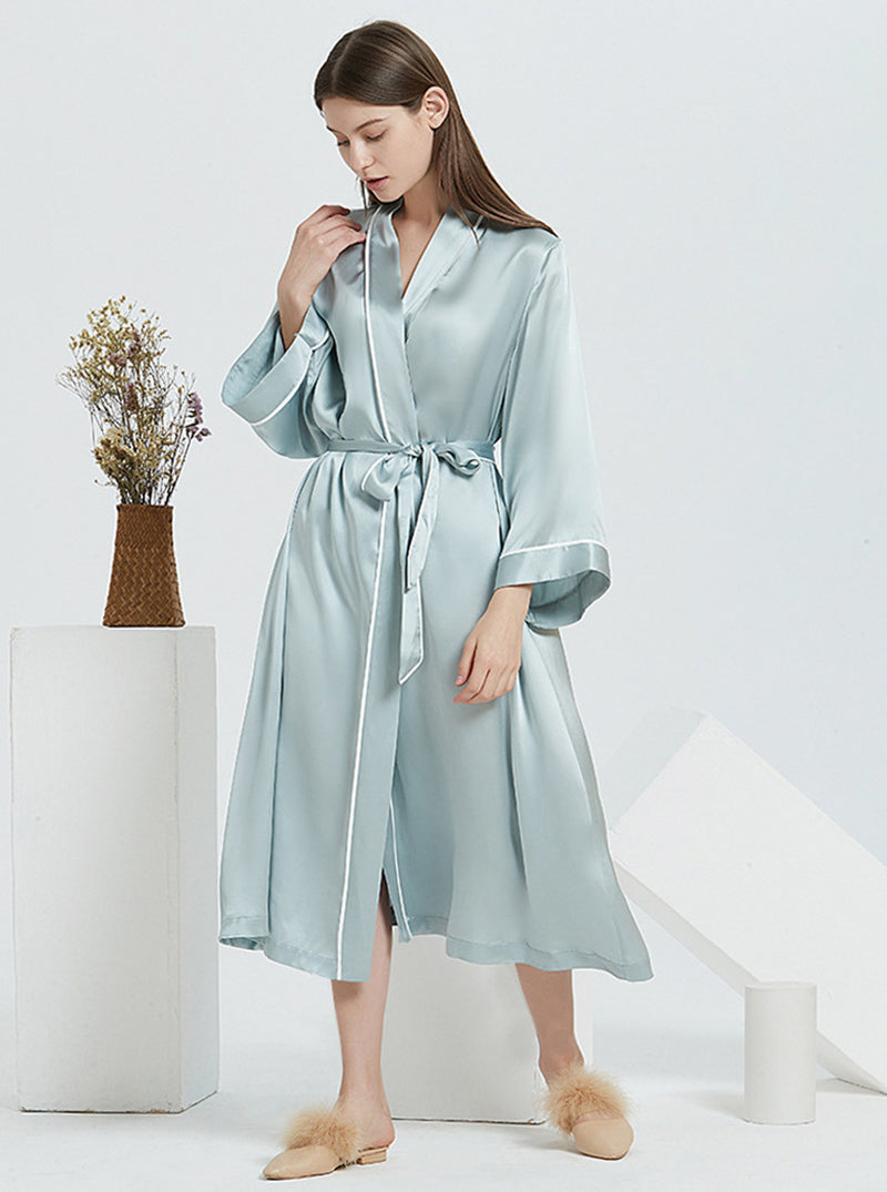 Plain Crepe Satin Spring And Autumn Female Loose Casual Breathable Belt Mint Green Long Nightgown