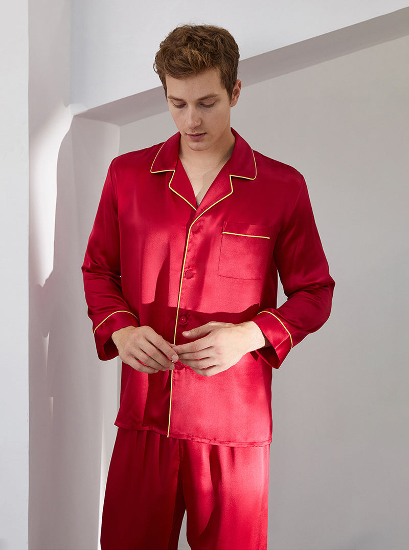 19 Momme Silk Spring And Autumn Male Small Lapel Comfortable And Breathable Classic Version Solid Color Long-Sleeved Trousers Pajamas Two-Piece Set