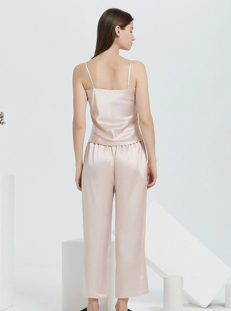 22 Momme Silk Summer Female V-Neck Suspender Trousers Sexy Casual Casual Breathable Comfortable Light Lotus Pink Pajamas Two-Piece Set