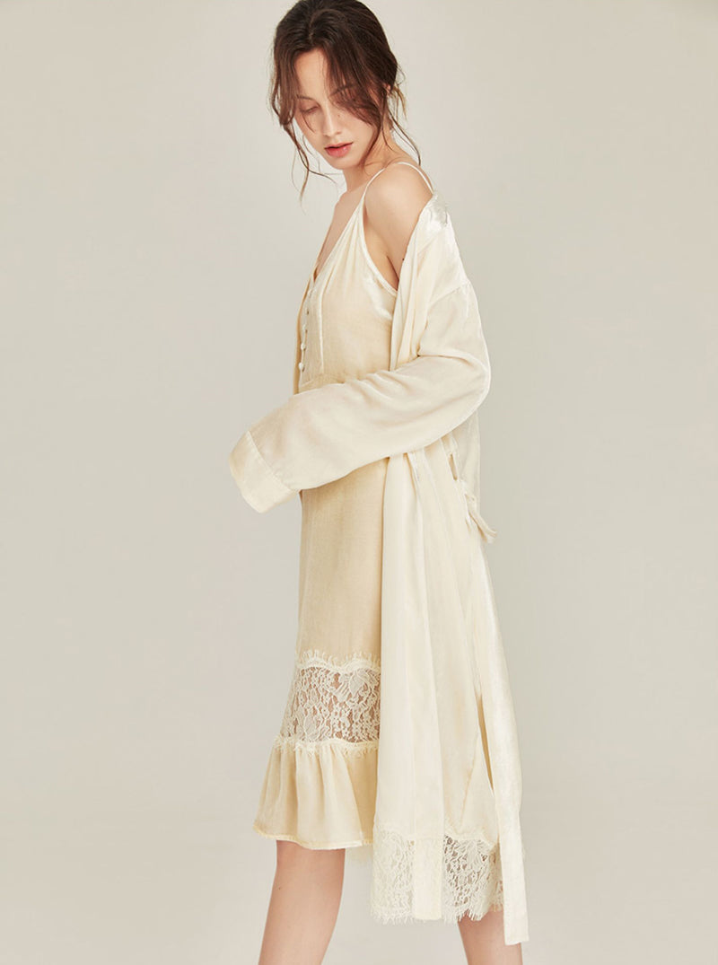 Autumn Winter Silk Velvet Female Medium Length Matching Pajamas V Collar Lace Stitching Hem Slim Sling Nightdress And Night-Robe Set