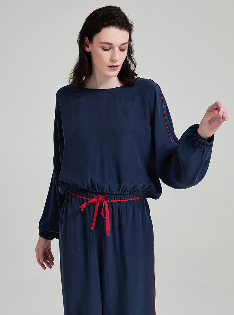 19 Momme Silk Navy Blue Spring And Autumn Female Round Neck Sand Wash Soft Loose Long-Sleeved Trousers Pajamas Two-Piece Set