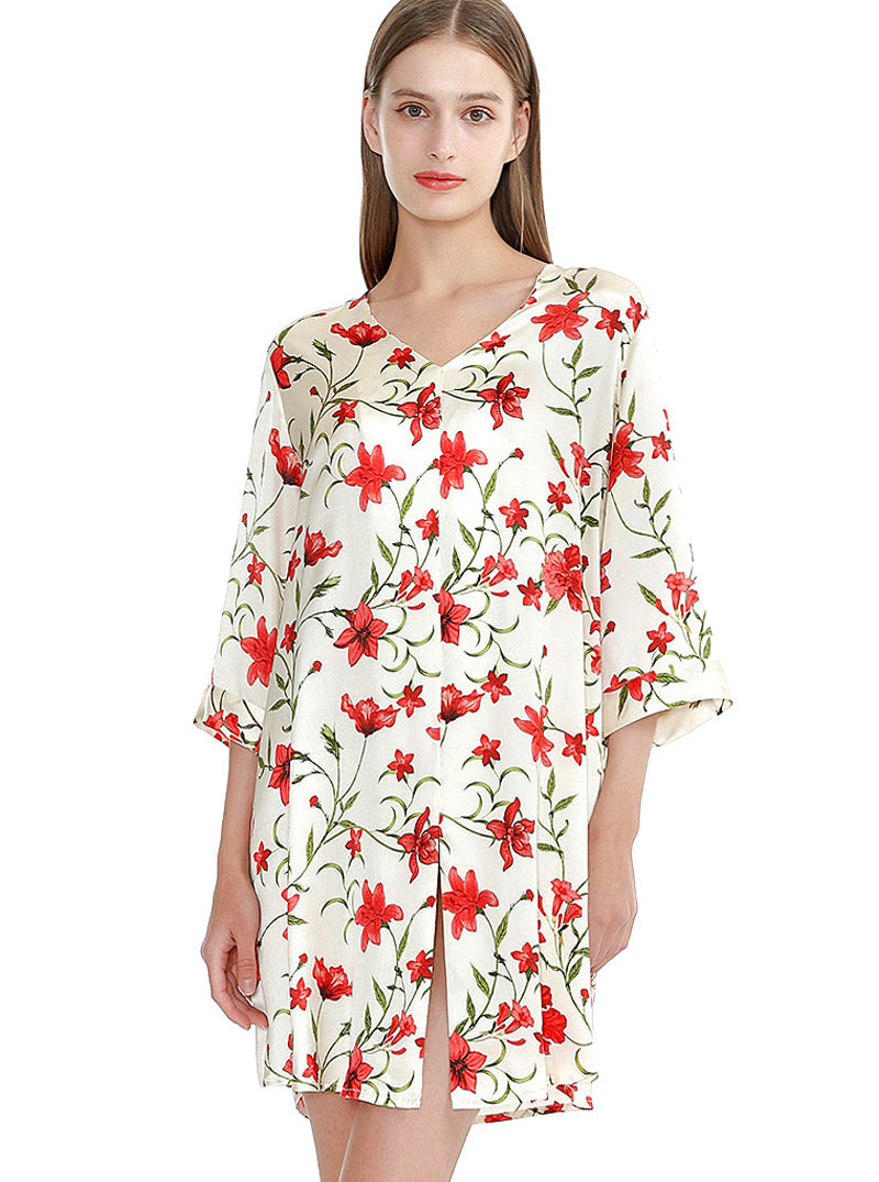 Silk Multicolor Summer Female V-Neck Sexy Casual Simple Solid Color Printed Mid-Sleeve Nightdress