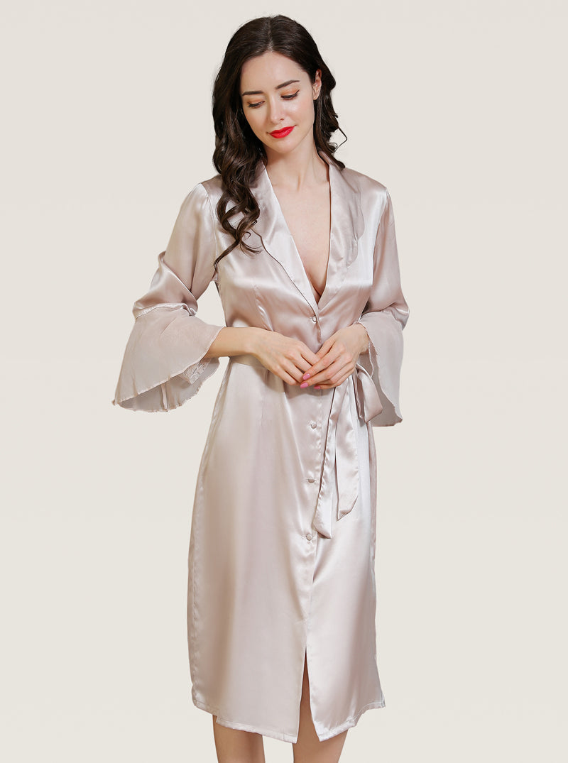 Silk Spring And Summer Female Small Lapel Elegant Sexy Mature Intellectual Comfortable Trumpet Sleeve Belt Solid Color Long-Sleeved Nightgown