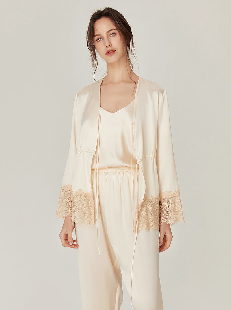 Silk Spring Female V Collar Lazy Retro Matching Pajamas Lace Stitching Three-Piece Set