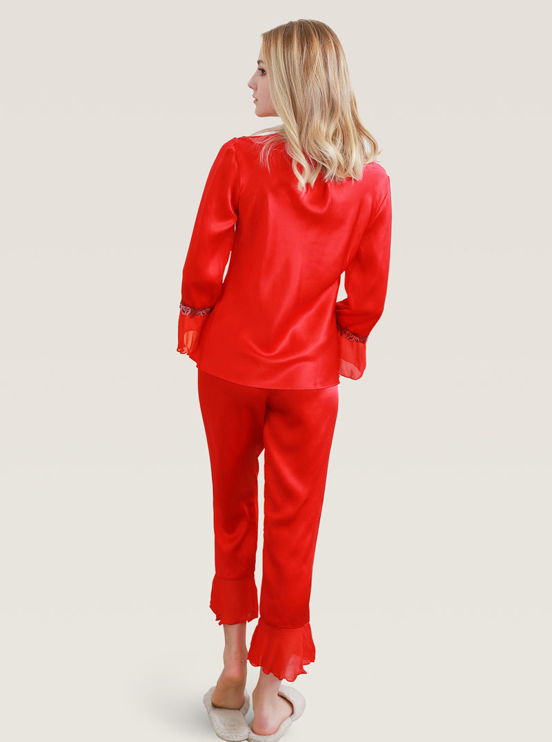V-Neck Silk Spring And Autumn Female Flower Embroidery Stitching Elegant And Dignified Comfortable Red Long-Sleeved Pajamas Two-Piece Set