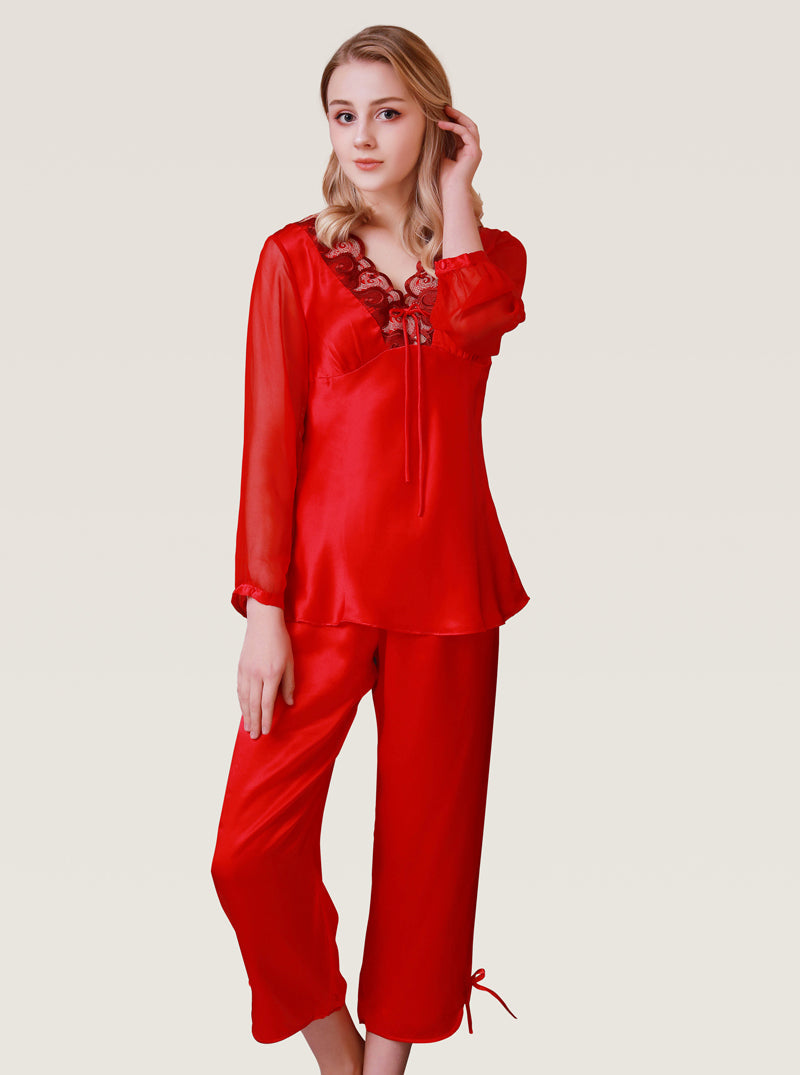 Mid-Sleeve Silk Spring And Autumn Female V-Neck Sexy Beautiful And Comfortable Lace Solid Color Pajamas Two-Piece Set