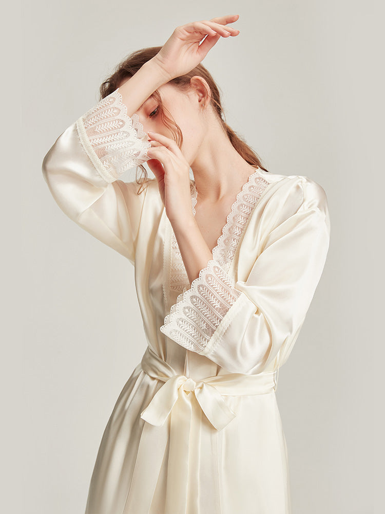 Lace High-End Female Silk Autumn V-Neck Sexy Waist Beautiful Suspender Nightdress Long-Sleeved Nightgown Two-Piece Set